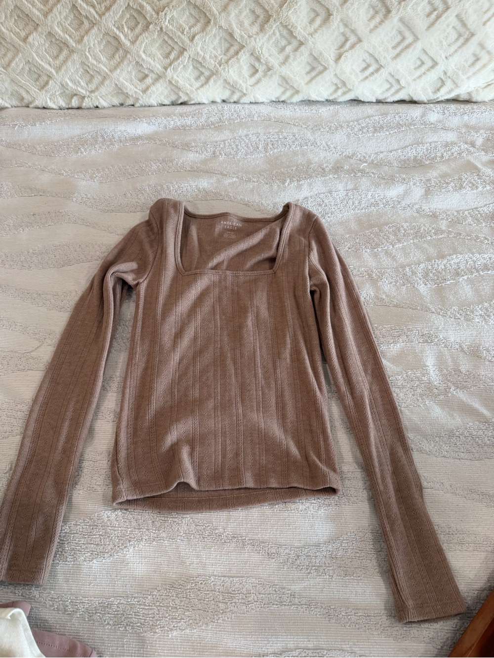 American Eagle Outfitters Ribbed Square Neck Long Sleeve Top - Taupe